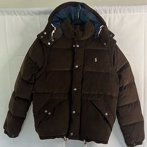 Polo Ralph Lauren Duck Down Hooded 2 in 1 Corduroy Puffer Jacket/Vest Sz M Brown